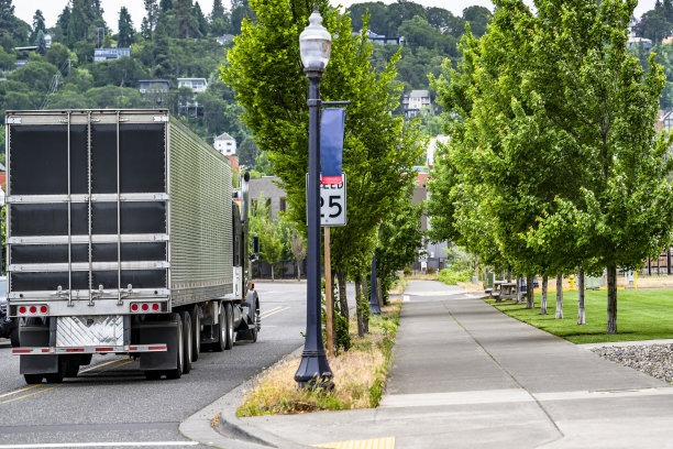 时尚的黑白经典大卡车与波纹金属冰箱半挂车移动在当地的城市道路与绿色行人人行道图片下载