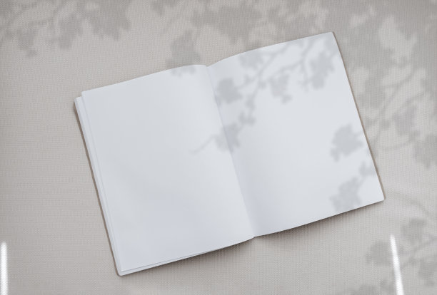 花剪影在空的书，顶视图打开笔记本与树叶阴影覆盖在画布纹理背景，平卧空白日记模型与白纸图片下载