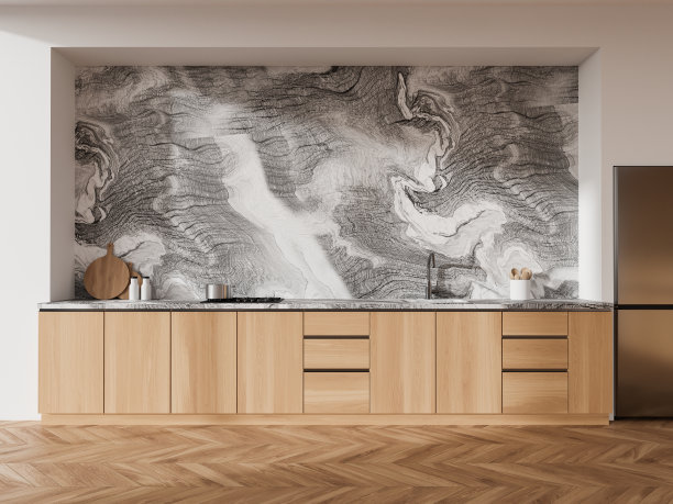 厨房内部配有烹饪区，冰箱和厨具图片下载