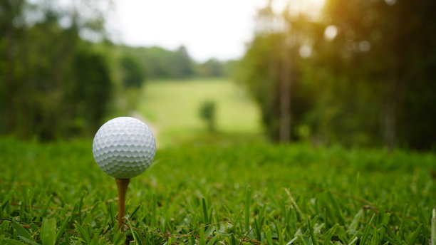 高尔夫球在绿色的草地在傍晚高尔夫球场与阳光的背景。图片下载