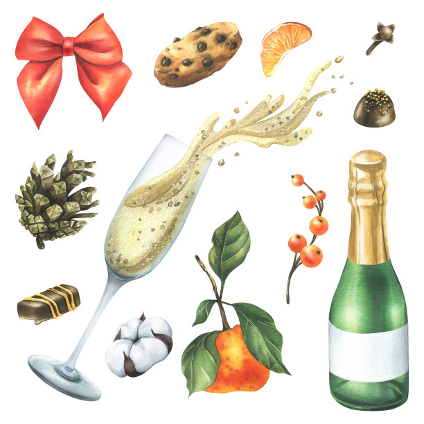 圣诞系列，有橘子、糖果、香料、香槟和植物。水彩插图，手绘节日装饰..白色背景上的一组孤立物体。图片下载