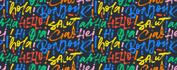 无缝图案与彩色文字hello在不同的语言。图片下载