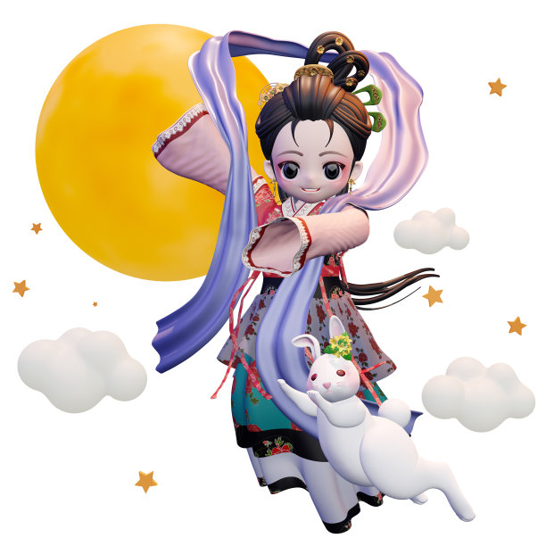 3D渲染的传统中秋故事嫦娥飞向月球和月亮兔子图片下载