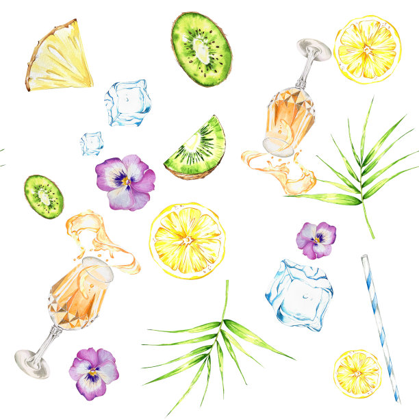 鸡尾酒。夏天明亮的饮料在不同的杯子里。水彩插图。用于横幅，明信片，网站图片下载