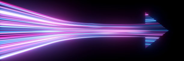 3d渲染，抽象极简几何背景。速度的概念。五颜六色的霓虹灯箭头显示正确的方向，在黑暗中发光图片下载