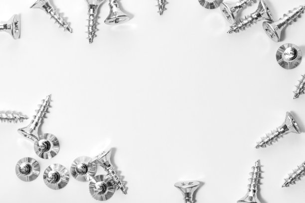 建筑工具。固定顶视图用自攻螺钉。黑色螺丝五金。图片下载