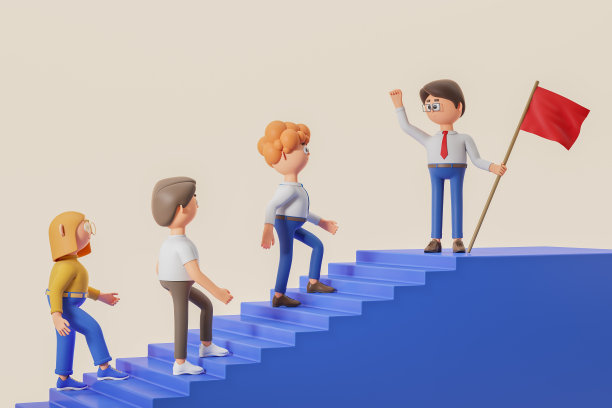 3 d渲染。在楼梯口举着红旗的卡通人，队长图片下载