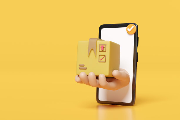 卡通手拿商品盒与手机，智能手机隔离在橙色背景。在线交付或订单跟踪或快速包裹运输概念，3d插图或3d渲染图片下载