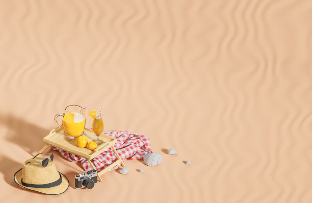 沙子背景上的旅行用品和橙汁。夏季旅游概念。，3d模型和插图。图片下载