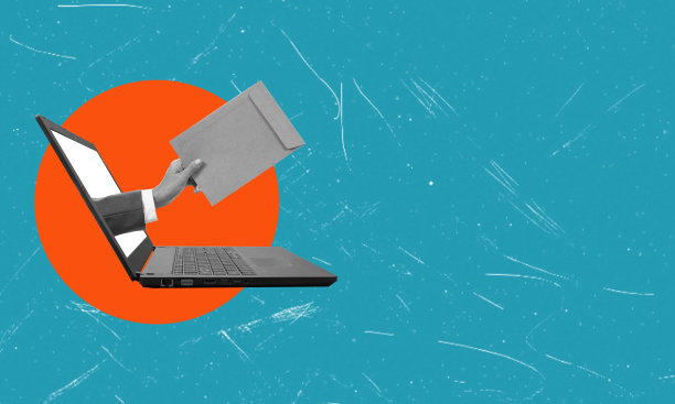 艺术拼贴，笔记本电脑与蓝色背景的文件，文字的空间。图片下载