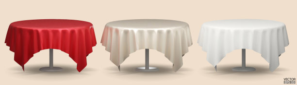一套圆桌与桌布隔离在米色背景。会议室桌服，红、米色、白色真丝桌服。3D矢量插图。图片下载