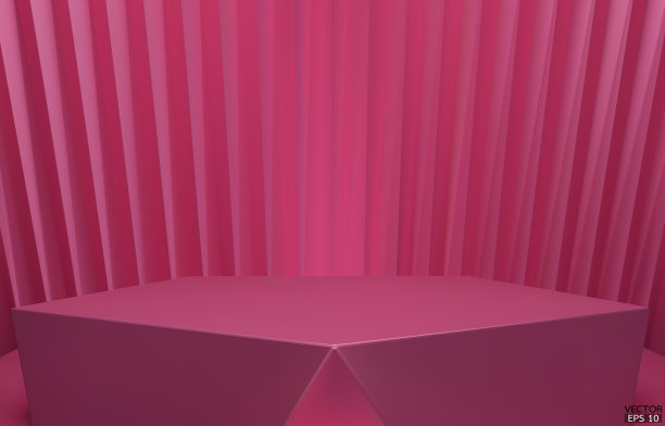 三维矢量几何平台。粉红色的六边形立方体，粉红色背景的方形讲台。概念现场舞台展示，产品，促销销售，横幅，演示，化妆品。3D矢量插图。图片下载