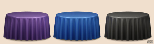 一套圆桌与桌布隔离在米色背景。会议室桌服，紫色，蓝色和黑色丝绸桌服。3D矢量插图。图片下载