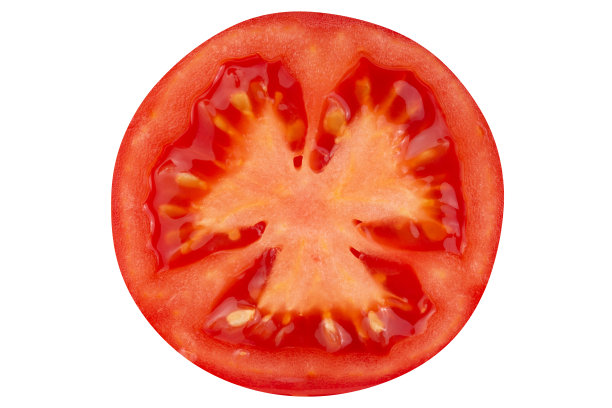 切成的一片西红柿，孤立在白色的背景上。图片下载