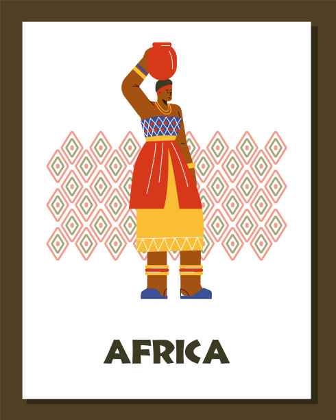 非洲旗帜或卡片与妇女在非洲民族服装，矢量插图。图片下载