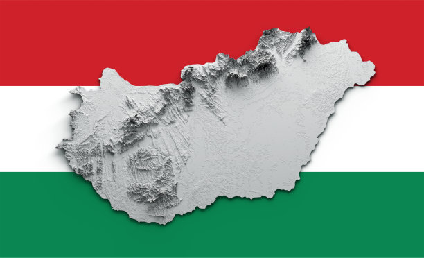 匈牙利地图匈牙利白色阴影浮雕颜色高度地图上的旗帜背景3d插图图片下载