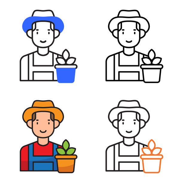 农民头像图标设计在四个变化的颜色图片下载