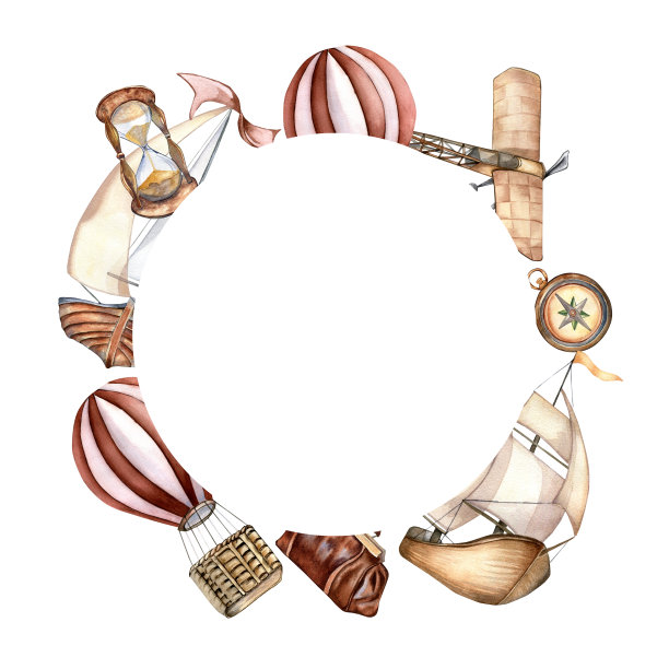 框架的冒险项目，船舶水彩插图孤立的白色。指南针，望远镜，帆船，热气球，飞机手绘。孩子气的设计，男孩明信片复古风格，邀请图片下载