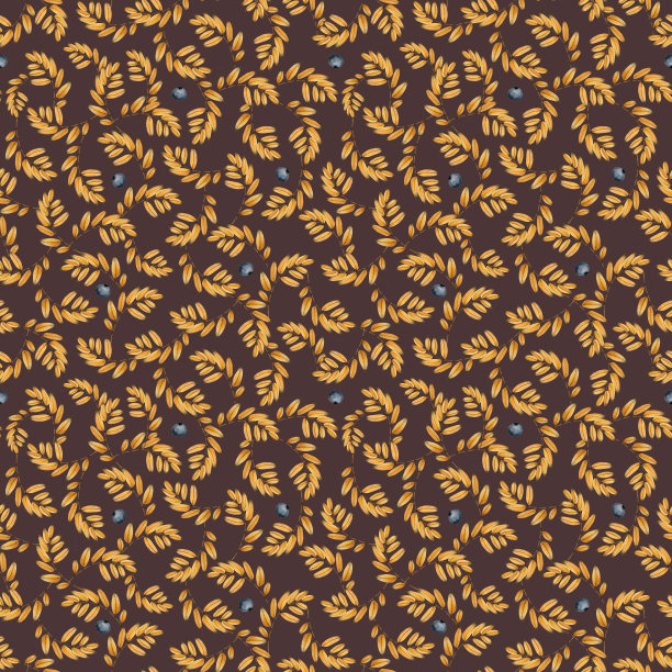 水彩黄色秋叶和蓝莓在深褐色无缝图案。温暖的秋天植物背景与手绘植物插图的织物和纺织品图片下载