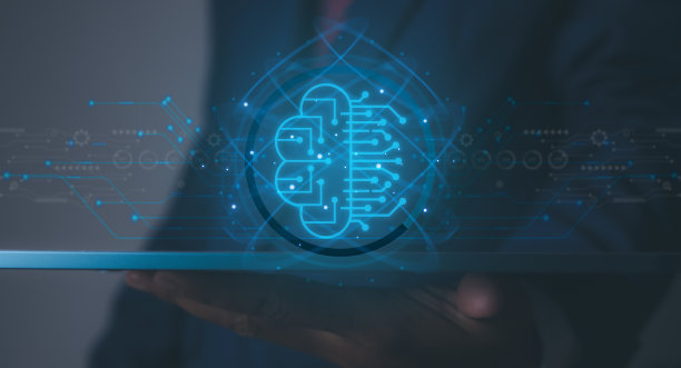 商人使用数字平板电脑与人工智能的大脑，数字技术的创造性思维的想法思考和头脑风暴。人工智能网络大脑对业务进行分析、创新和业务增长发展。图片下载