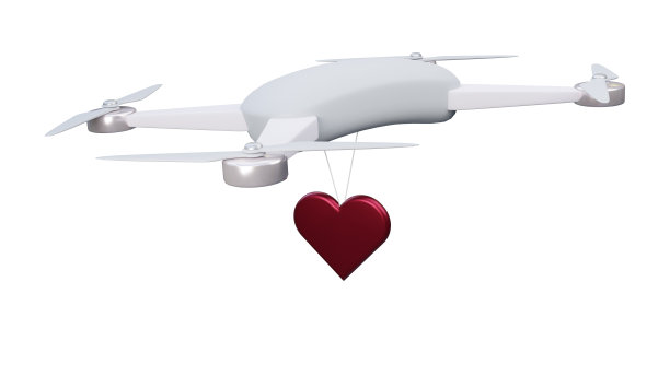 3d渲染交付无人机飞行与红心在白色背景插图图片下载