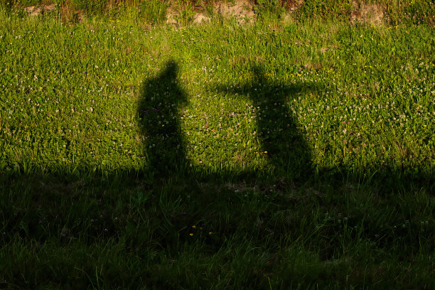 草地上两个人的影子。图片下载