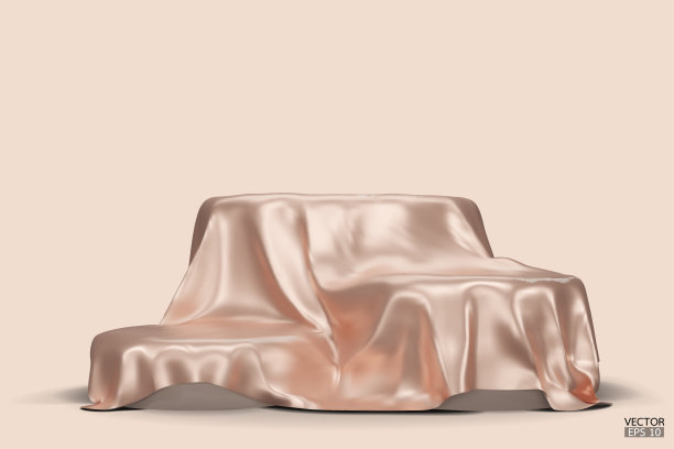 讲台上覆盖着一片金色的丝绸，孤立在米色的背景上。现实的盒子覆盖着米色的布。产品、化妆品展示的讲台。创意模型。三维矢量插图。图片下载