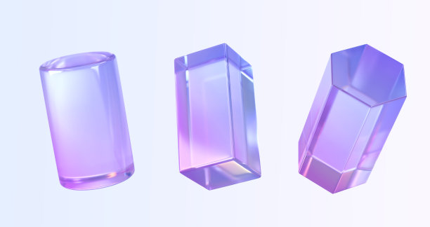 玻璃圆柱，矩形和六边形3d渲染图标集。抽象几何形状与全息梯度纹理，水晶彩虹对象，图形元素孤立的背景图片下载