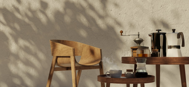 咖啡设备木桌侧视图黑咖啡在复古杯传统咖啡机木制背景Moka壶3d插图图片下载