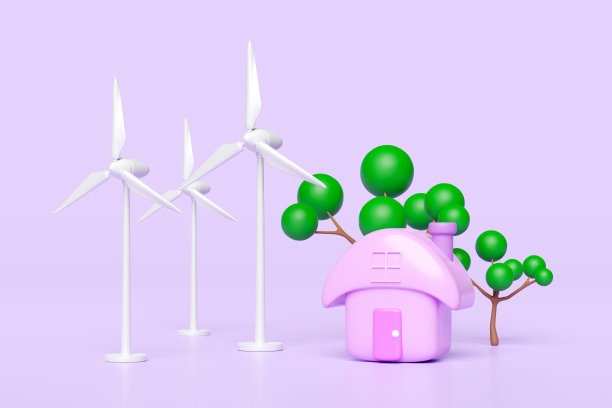 3d风车，风力涡轮机与房子，树隔离在紫色的背景。免费电力，可再生能源概念，3d渲染插图图片下载