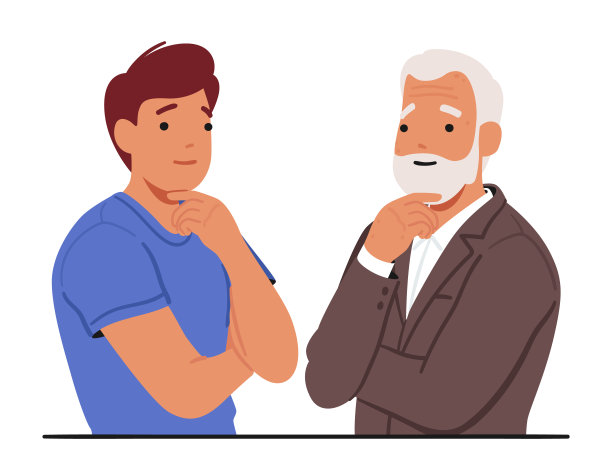 一个年轻人和一个老人面对面站着，沉思着，触摸着他们的下巴图片下载