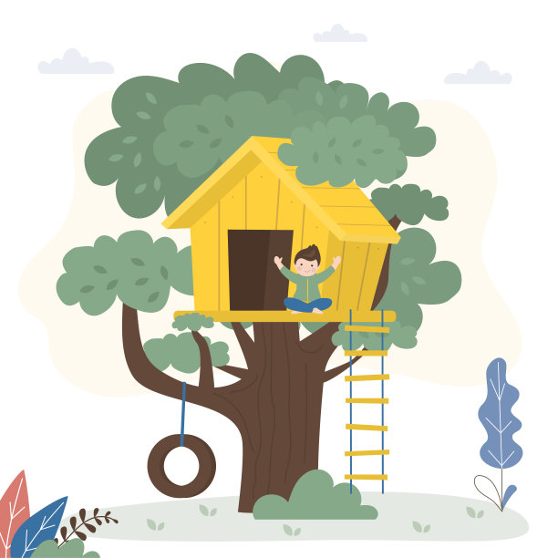 孩子们的树屋。英俊的男孩建造并在树屋玩耍。为孩子们举办家庭游戏和聚会。绿叶间的夏日操场。图片下载