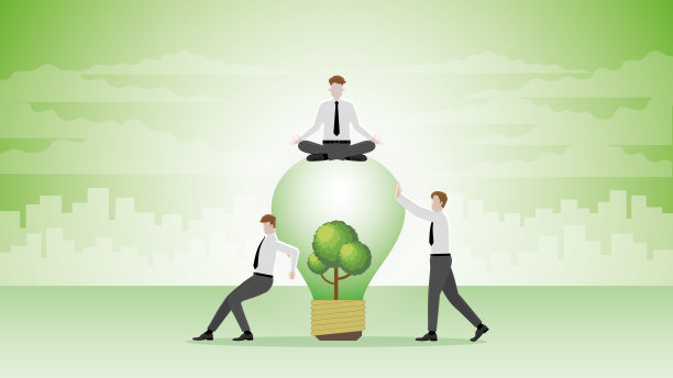 在团队的支持下，一位冷静的商人坐在树上的灯泡上冥想。思考ESG商业理念，环境政策，绿色商业，生态友好，可持续发展和自然关怀理念。图片下载