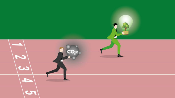 一个优势商人拿着一个灯泡，一个追随者拿着二氧化碳气体，在赛马场上奔跑。ESG竞争，环境政策，绿色商业，生态友好，可持续发展，关注自然。图片下载