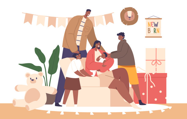 温馨的场景，黑人家庭人物聚集在家里迎接新生儿的到来，矢量插图图片下载