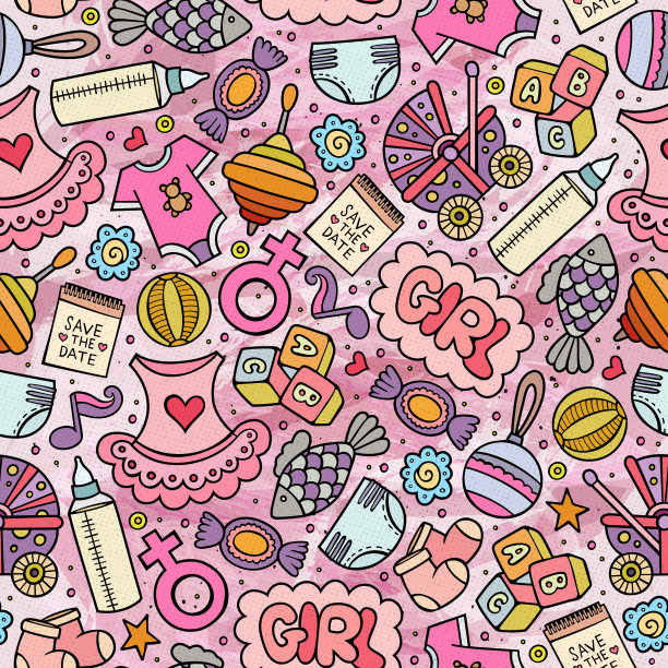 卡通可爱的涂鸦手绘宝宝无缝图案。图片下载