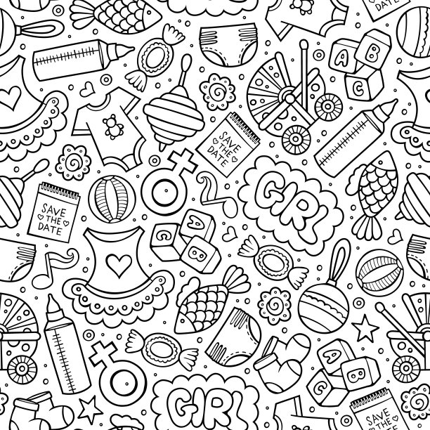 卡通可爱的涂鸦手绘宝宝无缝图案。图片下载