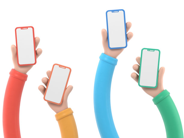 卡通手势图标模型。3d手触摸智能手机。卡通图标或使用手机的模型，白色背景的3D渲染。图片下载