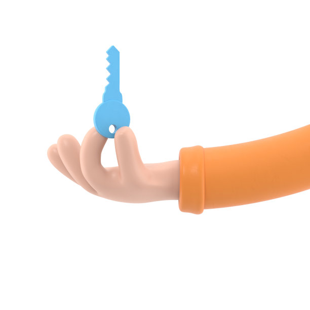 卡通手势图标模型。手图标，访问概念。卡通人物手持金属钥匙。房地产插图。白色背景的3D渲染。图片下载