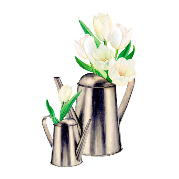 水彩画一套金属水壶与美丽的白色郁金香花束在白色的背景。适用于贴纸、标志、餐巾纸、纺织品印刷图片下载