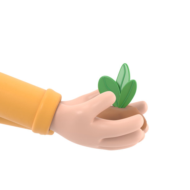 卡通手势图标模型。手捧幼嫩的植物。概念生态地球日。白色背景的3D渲染。图片下载