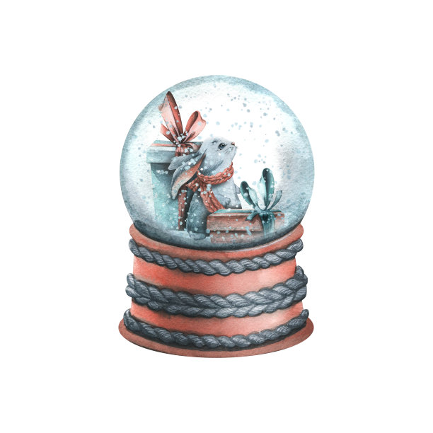 带礼盒的雪花玻璃球和一只可爱的兔子。水彩插图，手绘。白色背景上的孤立物体。图片下载