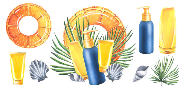 充气游泳圈与橙色切片打印防晒霜，棕榈叶，贝壳。水彩插图，手绘。在白色背景上的一组孤立的构图和元素。图片下载