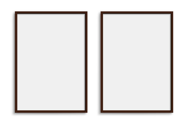 一对图片相框模型，墙面展示，黑色细矩形带阴影垂直框架，两个垂直空白框架边框模型-矢量图片下载