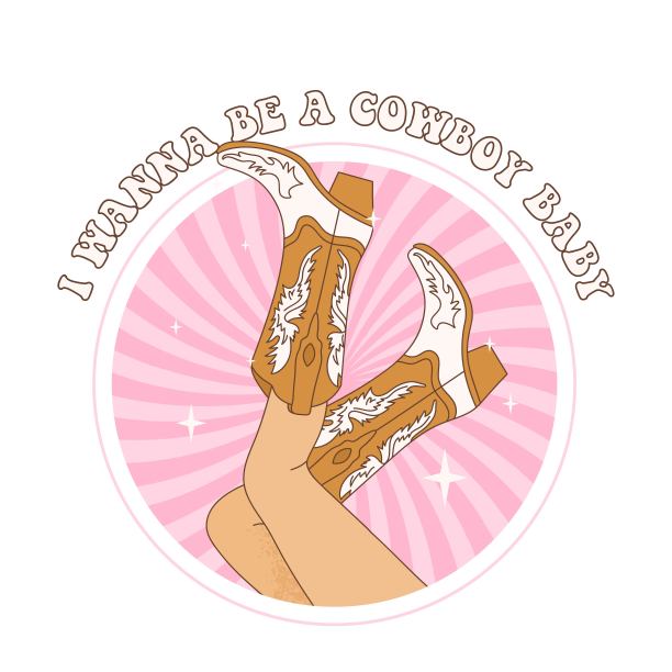 穿着牛仔靴的女人腿和“我想成为一个牛仔宝宝”这句话。牛仔女孩穿着靴子在审美螺旋射线爆发的背景。图片下载