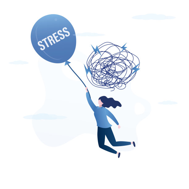 有情感问题，心理压力的女商人。带有铭文的飞行气球——压力。解决压力和过度工作的问题。图片下载
