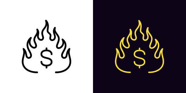 概述热钱图标，可编辑的笔画。火与美元符号，烧钱现金。市场过热，经济衰退，债务和经济危机，美元热，金融体系燃烧图片下载