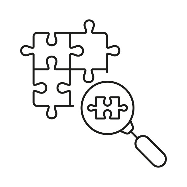 放大镜和拼图零件轮廓标志。解决线性象形图问题。带有拼图部件线图标的放大镜。团队合作的联系。可编辑的中风。孤立矢量图图片下载