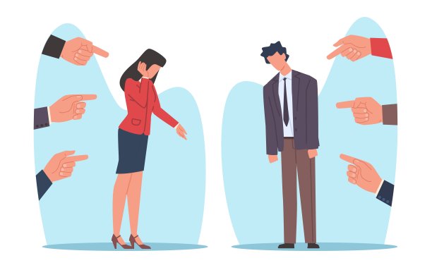 概念的指责，人们把手指指向悲伤的男人和女人。被社会谴责，包围哭泣的人在压力，羞愧的商人，卡通平面风格矢量插图图片下载