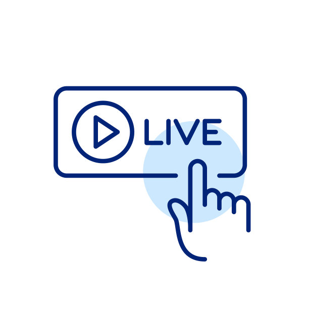 手指点击带有播放符号的实时按钮。开始流媒体，看电视广播等。像素完美的图标图片下载